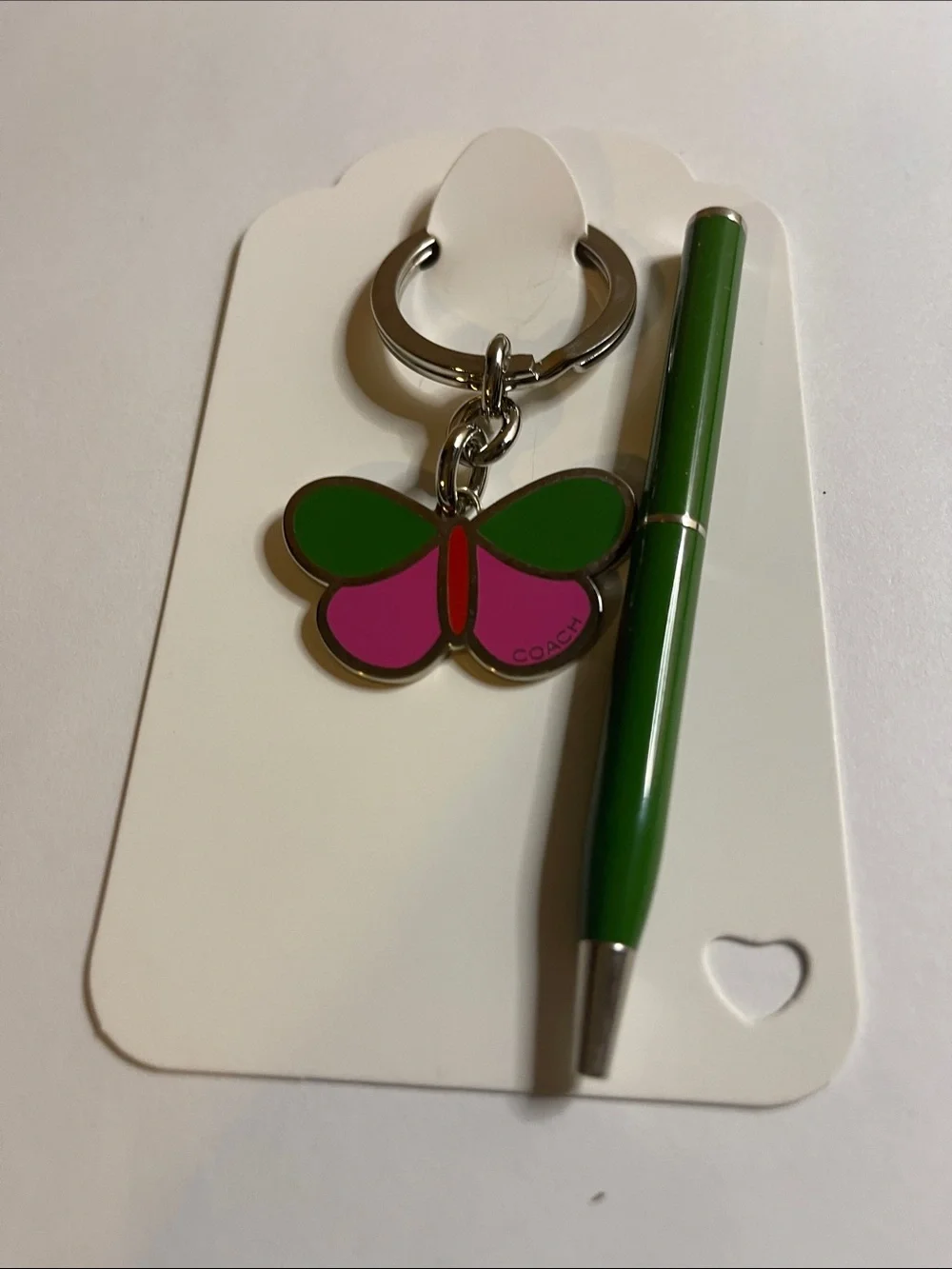 COACH Green & Pink Butterfly Enamel Keychain Charm and Coach Pen